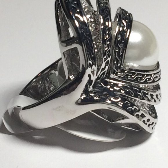 Pearl Cocktail Ring Size 6 Art Deco Statement Vintage Style Silver RhodiumPlated - Picture 5 of 12
